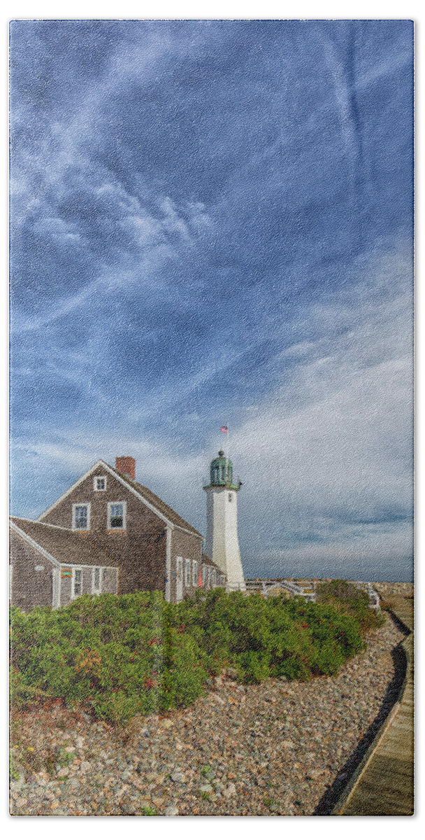 Scituate Lighthouse Boardwalk Hand Towel featuring the photograph Scituate Lighthouse Boardwalk by Brian MacLean