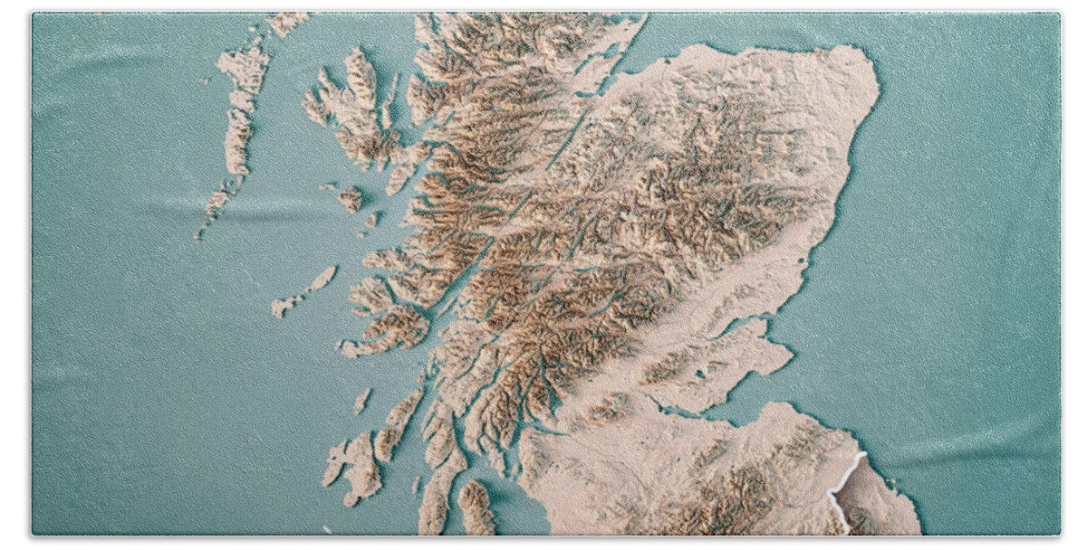 Scotland Bath Sheet featuring the digital art Scotland Country 3D Render Topographic Map Neutral Border by Frank Ramspott