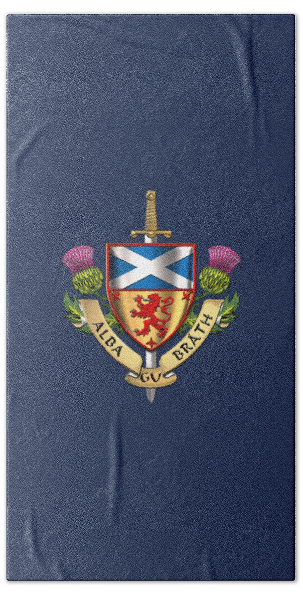 “world Heraldry” Collection Serge Averbukh Bath Towel featuring the digital art Scotland Forever - Alba Gu Brath - Symbols of Scotland over Blue Velvet by Serge Averbukh