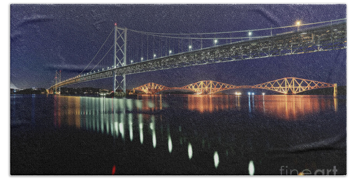 Forth Bridge Hand Towel featuring the photograph Scottish Steel in Silver and Gold lights across the Firth of Forth at Night by Maria Gaellman