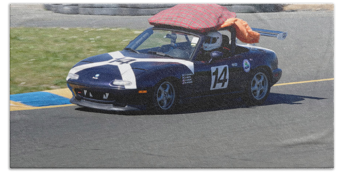 Sports Bath Towel featuring the photograph Scotty We Need More Power -- Mazda Miata at the 24 Hours of LeMons Race in Sonoma, California by Darin Volpe
