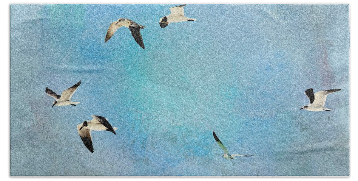 Sea Gulls Hand Towel featuring the photograph Sea Gulls in flight by Athala Bruckner