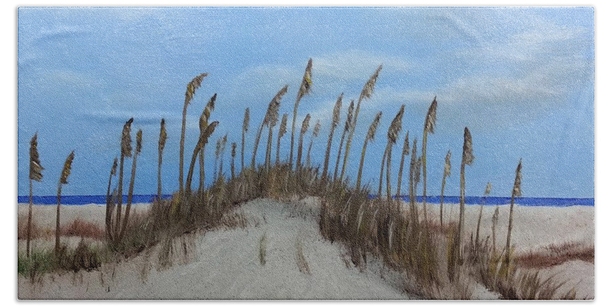Sea Oats Bath Towel featuring the painting Sea Oats on Sand Dunes by Bev Conover