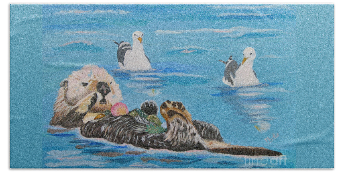 Sea Otter Hand Towel featuring the painting Sea Otter and Guardians by Phyllis Kaltenbach