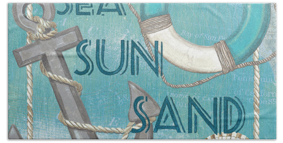 Sun Hand Towel featuring the painting Sea Sun Sand by Debbie DeWitt