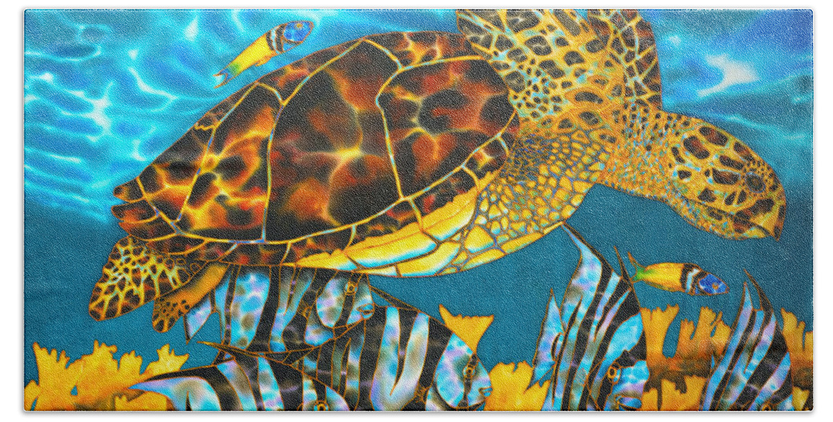 Sea Turtle Hand Towel featuring the painting Sea Turtle and Atlantic Spadefish by Daniel Jean-Baptiste