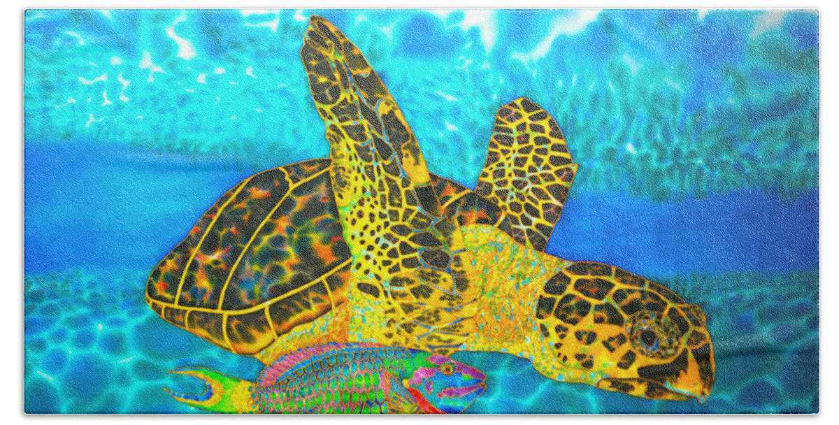 Sea Turtle Hand Towel featuring the painting Sea Turtle and Parrotfish by Daniel Jean-Baptiste