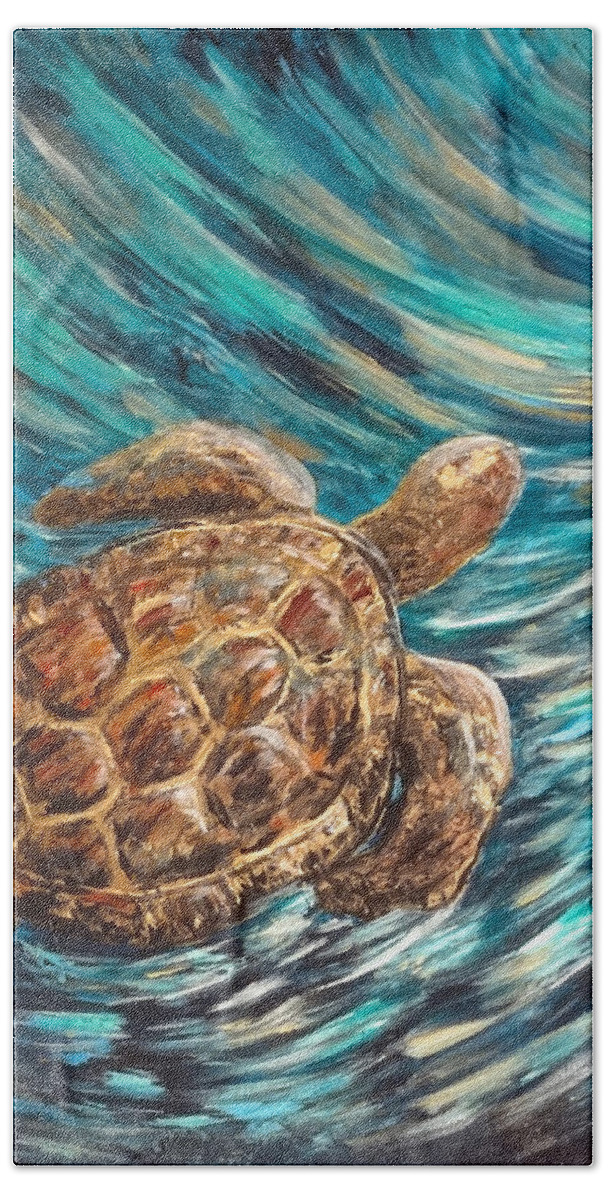 Sea Bath Towel featuring the painting Sea Turtle Wave Guam by Michelle Pier
