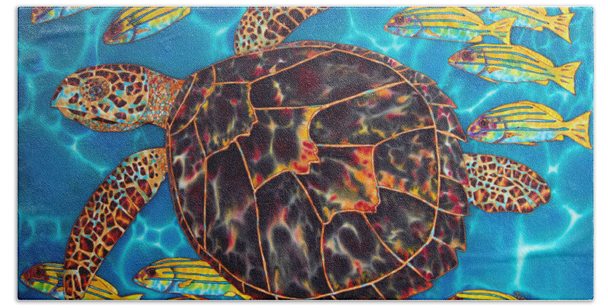 Sea Turtle Bath Towel featuring the painting Sea Turtle with Schooling Fish by Daniel Jean-Baptiste