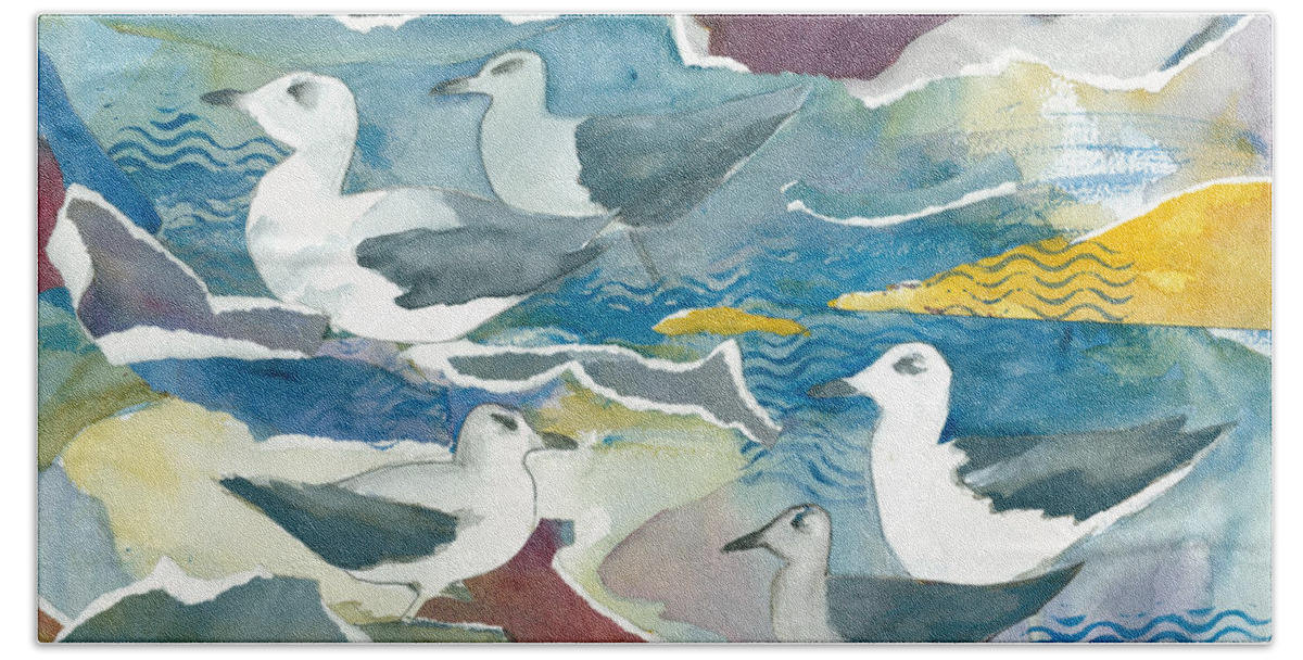 Ocean Hand Towel featuring the painting Seagull Collage by Kelly Perez