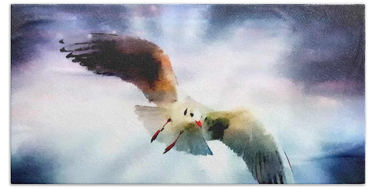 Seagull Bath Towel featuring the photograph Seagull Flight 1 by Jean Francois Gil