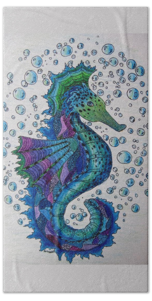 Sea Horses Bath Towel featuring the drawing Seahorse 6 by Megan Walsh
