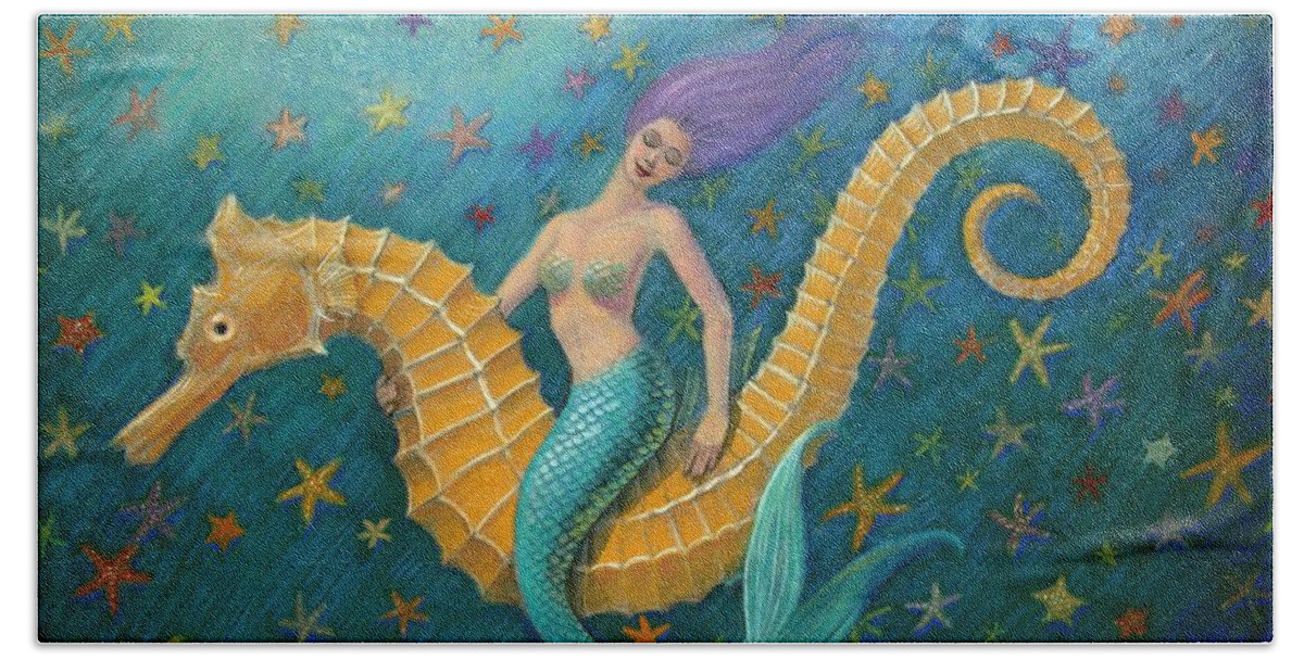 Mermaid Bath Towel featuring the painting Seahorse Mermaid by Sue Halstenberg