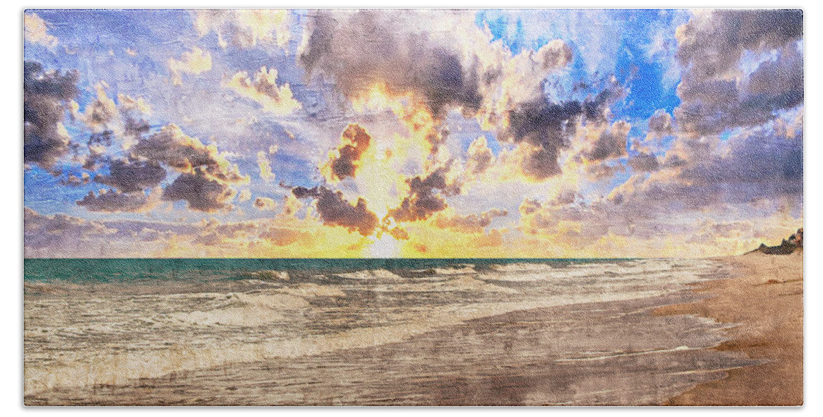 Aqua Hand Towel featuring the painting Seascape Sunset Impressionist Digital Painting B7 by Ricardos Creations
