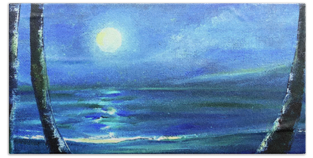 Seascape Bath Towel featuring the painting Seascape with a Moon by Gina De Gorna