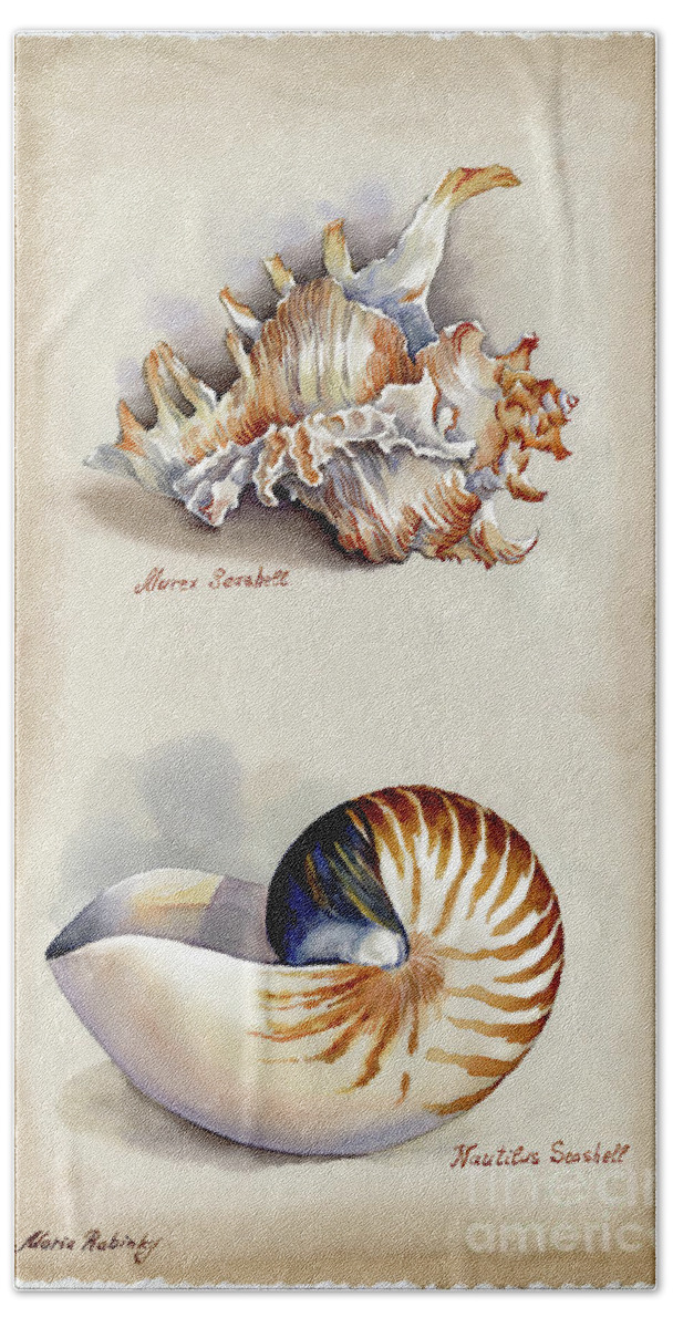 Seashells Bath Towel featuring the photograph Seashells Murex and Nautilus by Maria Rabinky