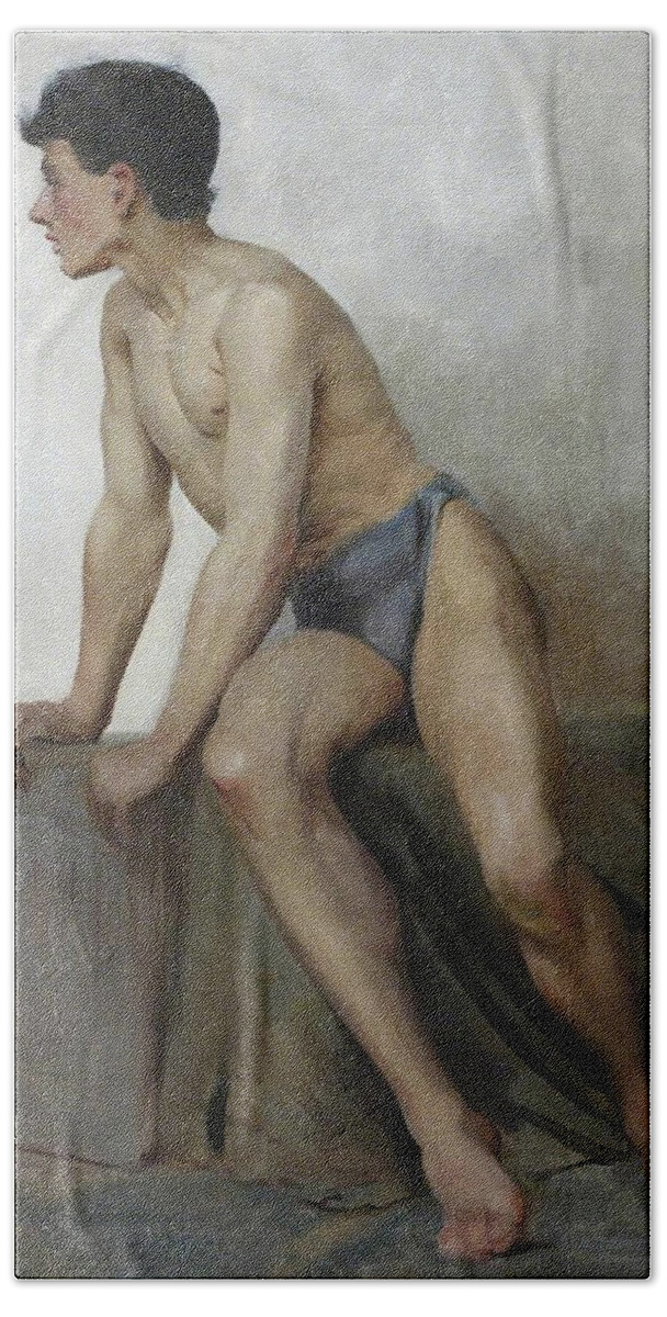English Bath Towel featuring the painting Seated Male Study by Henry Scott Tuke'