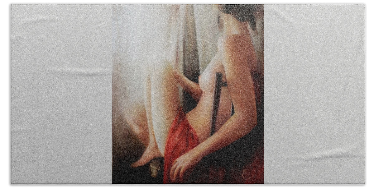 Nude Bath Towel featuring the painting Seated nude by Vali Irina Ciobanu