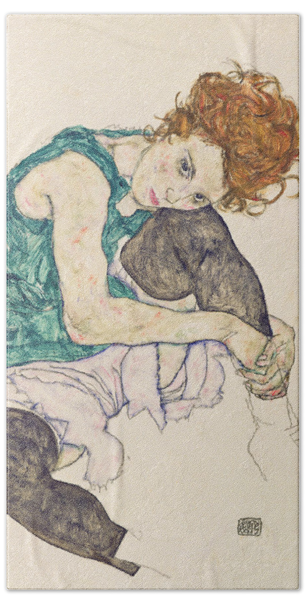 Egon Schiele Hand Towel featuring the painting Seated Woman with Bent Knee by Egon Schiele