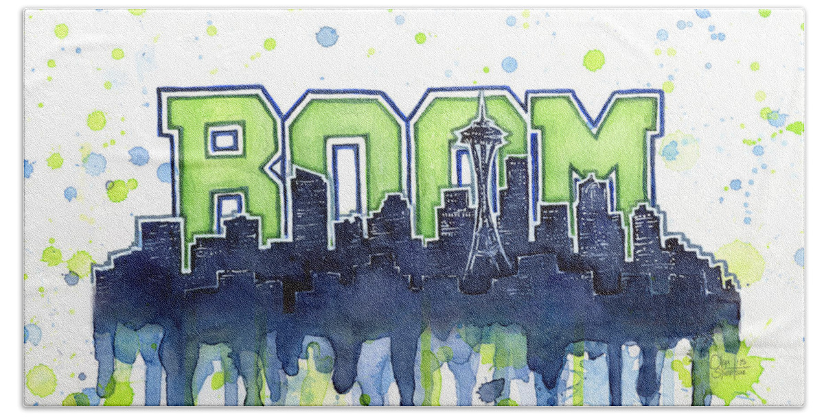 Seattle Bath Towel featuring the painting Seattle 12th Man Legion of Boom Watercolor by Olga Shvartsur