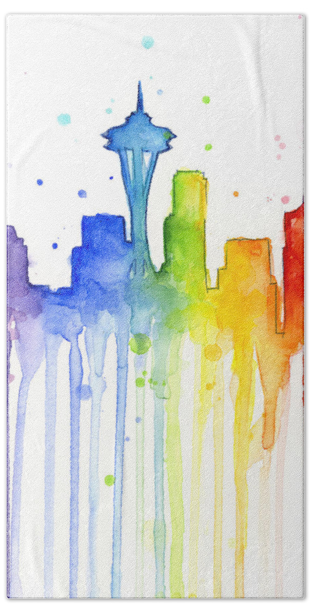 Watercolor Hand Towel featuring the painting Seattle Rainbow Watercolor by Olga Shvartsur
