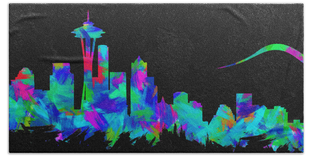 Seattle Hand Towel featuring the digital art Seattle Skyline Silhouette Abstract II by Ricky Barnard