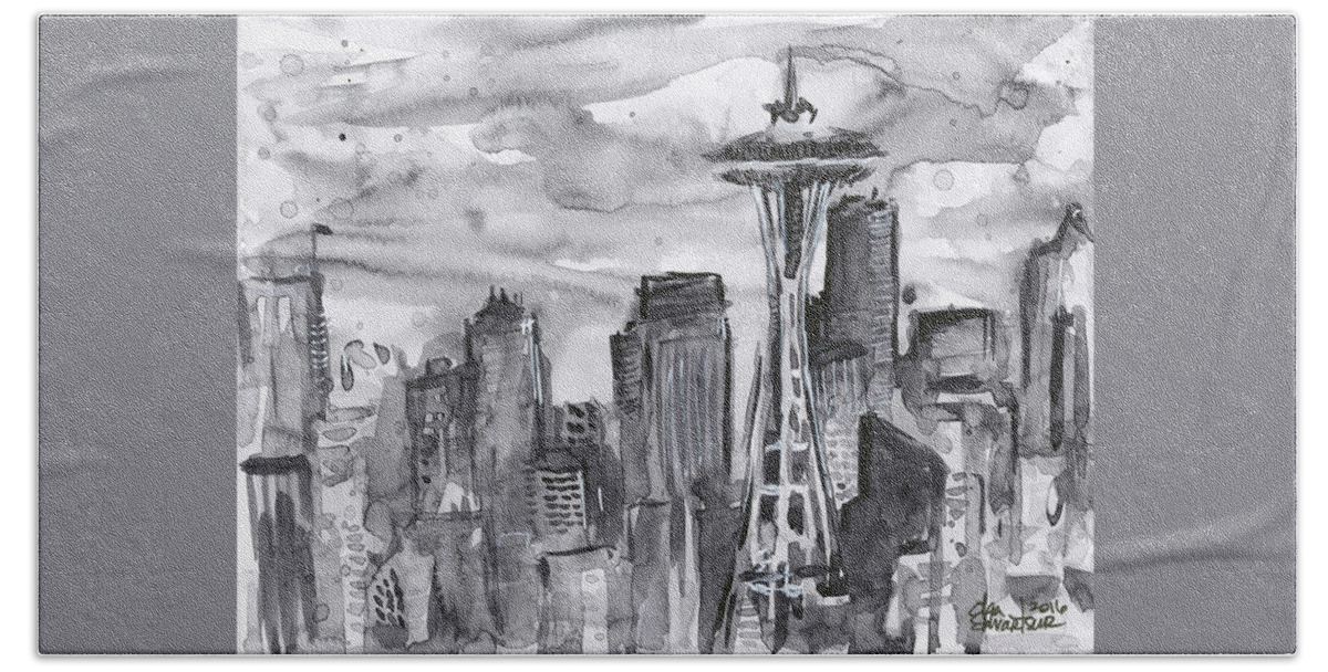 Seattle Hand Towel featuring the painting Seattle Skyline Space Needle by Olga Shvartsur