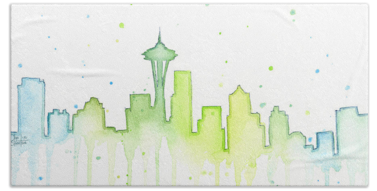 Seattle Bath Towel featuring the painting Seattle Skyline Watercolor by Olga Shvartsur
