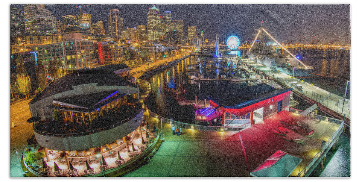 Seattle Hand Towel featuring the photograph Seattle waterfront lights by Matt McDonald
