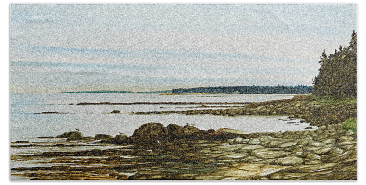 Sea Gulls Bath Towel featuring the painting Seawall Mt. Desert Island by Paul Gaj