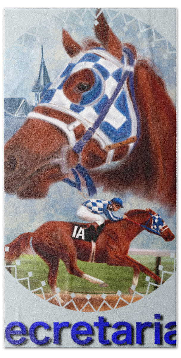 Secretariat Hand Towel featuring the drawing Secretariat Racehorse Portrait by Becky Herrera