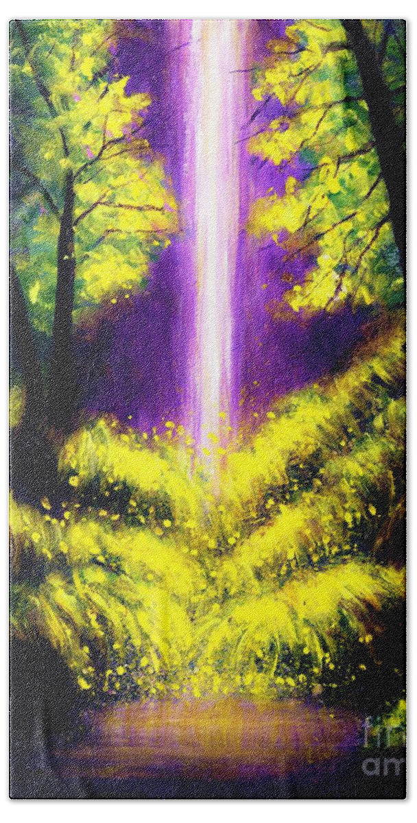 #landscape #nature #waterfalls #naturespirits #elementals #forest #water #2d #art #artist #beautiful #colorful #colors #interiordesign #natureaddict #painting #river #surreal Bath Towel featuring the painting Secrets by Allison Constantino
