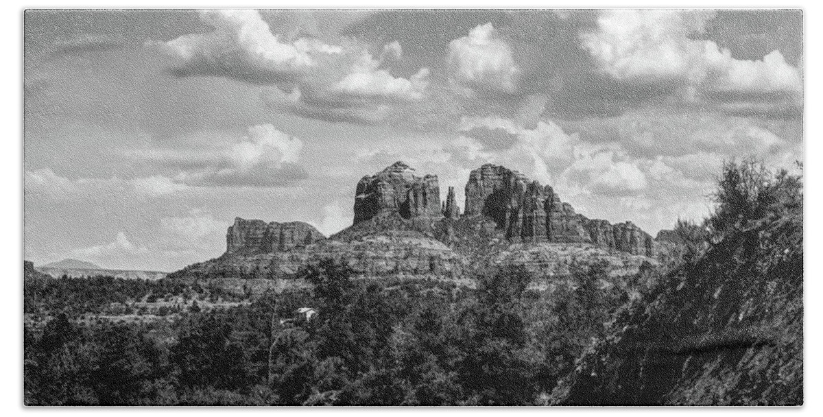 America Bath Towel featuring the photograph Sedona Arizona Black and White Landscape - Cathedral Rock by Gregory Ballos