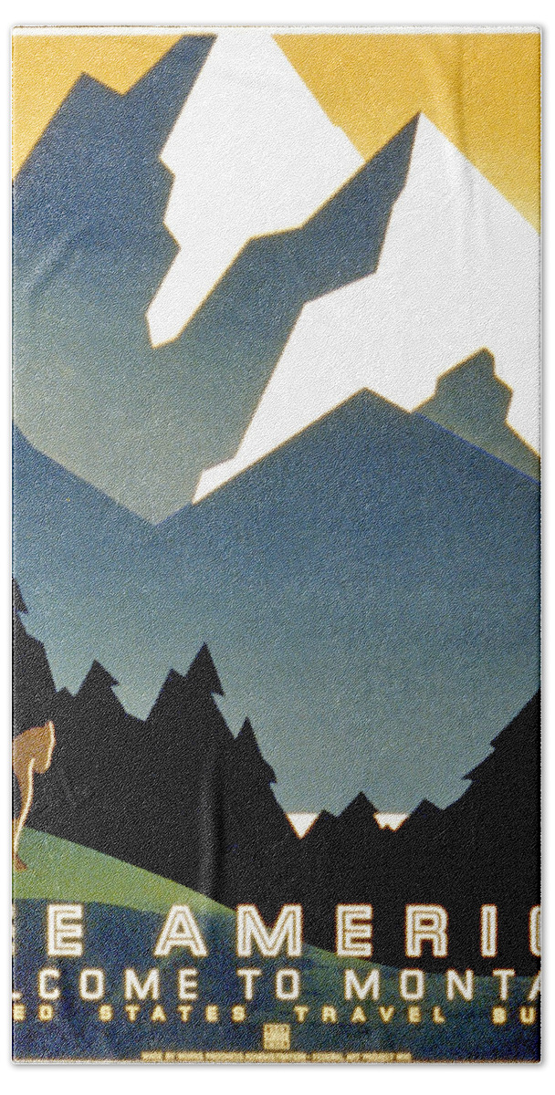 See America Hand Towel featuring the painting See America, welcome to Montana, travel poster by Long Shot