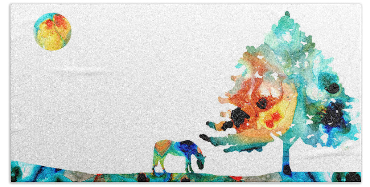 Horses Hand Towel featuring the painting Seeking Shelter - Colorful Horse Art Painting by Sharon Cummings
