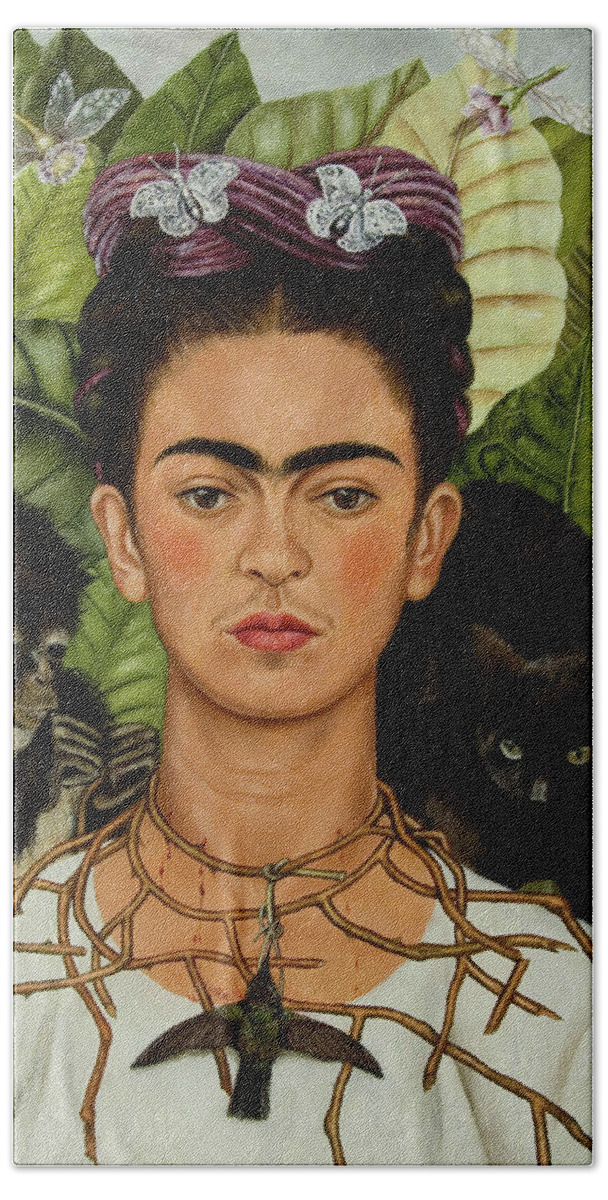 Frida Kahlo Hand Towel featuring the painting Self-Portrait with Thorn Necklace and Hummingbird by Frida Kahlo