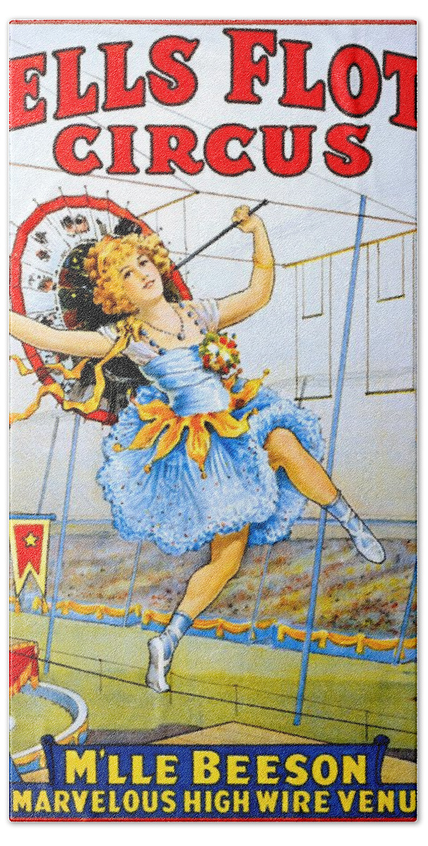 Sells Floto Bath Towel featuring the painting Sells Floto Circus presents M'lle Beeson, a marvelous high wire Venus, performance poster, 1921 by Vincent Monozlay