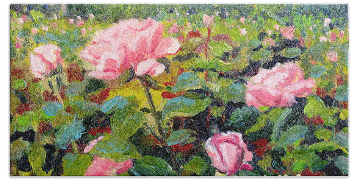 Impressionism Bath Towel featuring the painting September Roses by Keith Burgess
