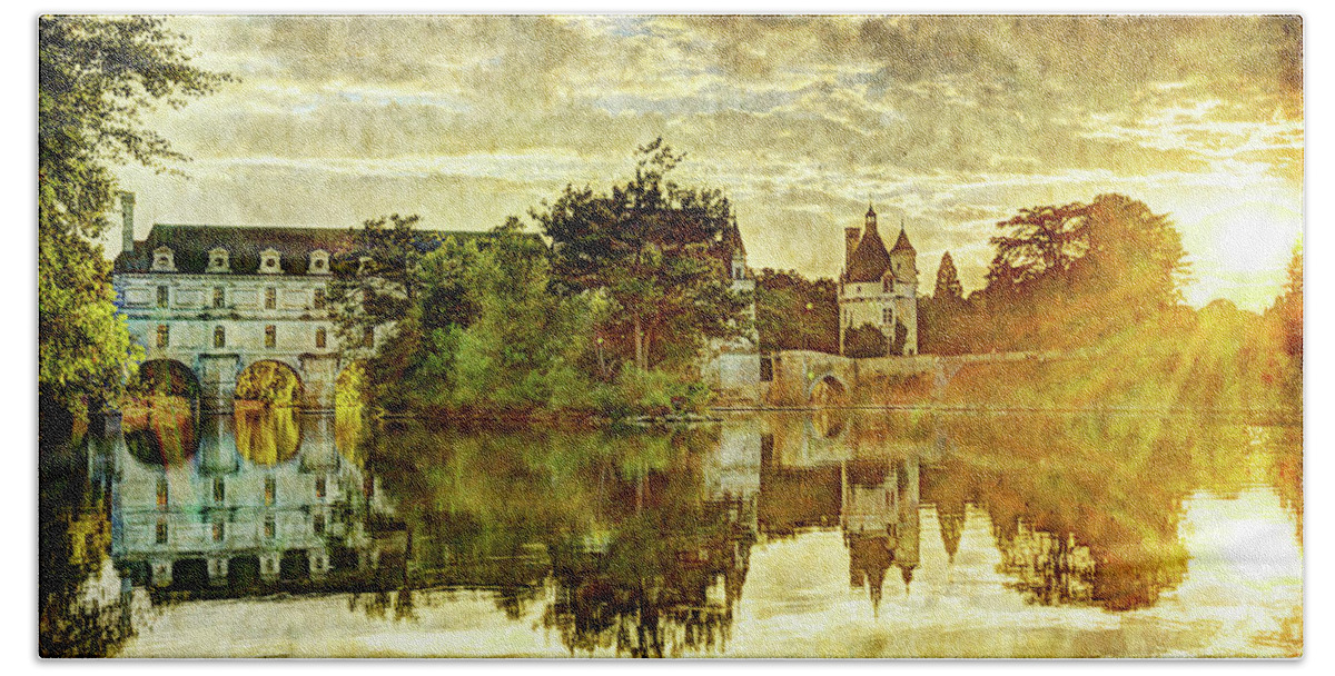 Chenonceau Bath Towel featuring the photograph September sunset in Chenonceau - vintage version by Weston Westmoreland