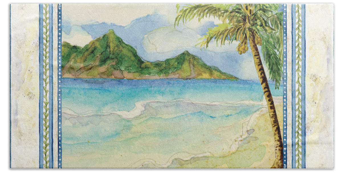 Natural Hand Towel featuring the painting Serene Shores - Tropical Island Beach Palm Paradise by Audrey Jeanne Roberts