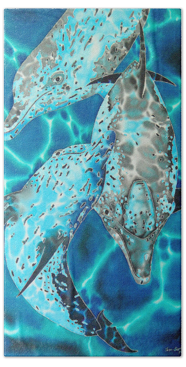 Dolphin Painting Bath Towel featuring the painting Serenity by Daniel Jean-Baptiste
