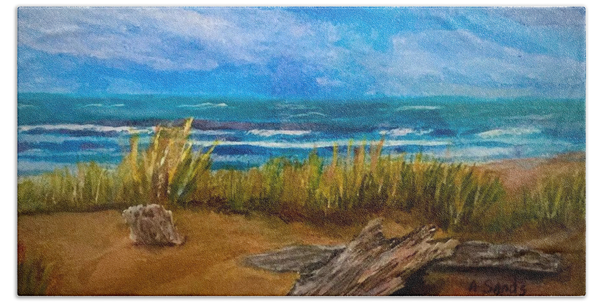 Seagulls Hand Towel featuring the painting Serenity on a Florida Beach by Anne Sands