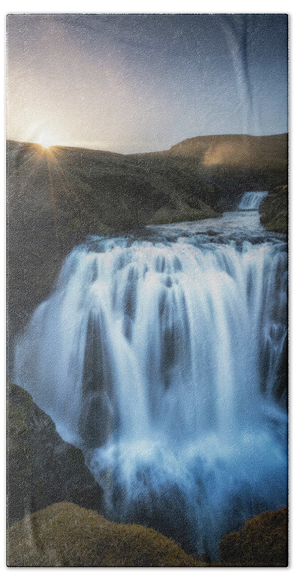 Iceland Hand Towel featuring the photograph Setting Sun Above Iceland Waterfall by James Udall