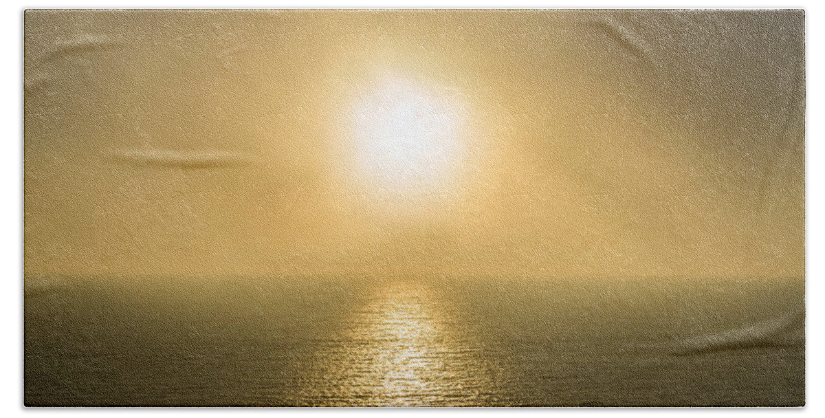 Setting Sun With Fog Bath Towel featuring the photograph Setting Sun with Fog by Bonnie Follett
