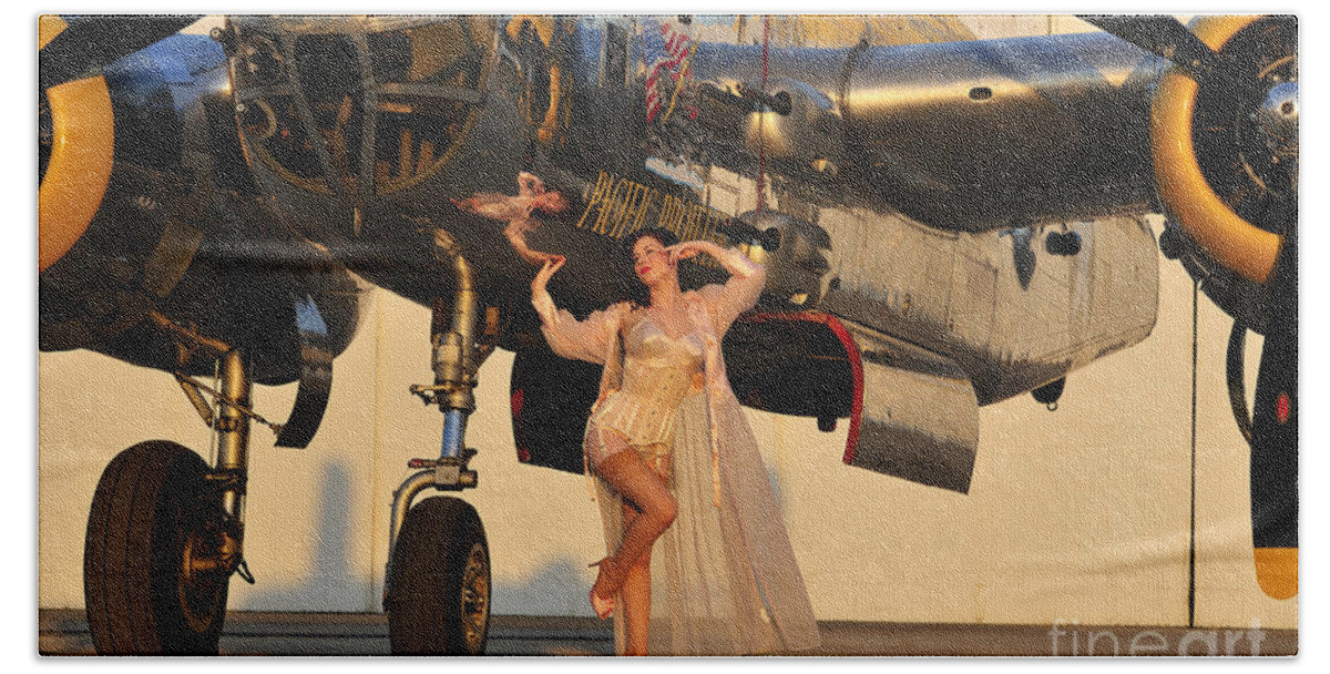 B-25 Bath Towel featuring the photograph Sexy 1940s Pin-up Girl In Lingerie by Christian Kieffer