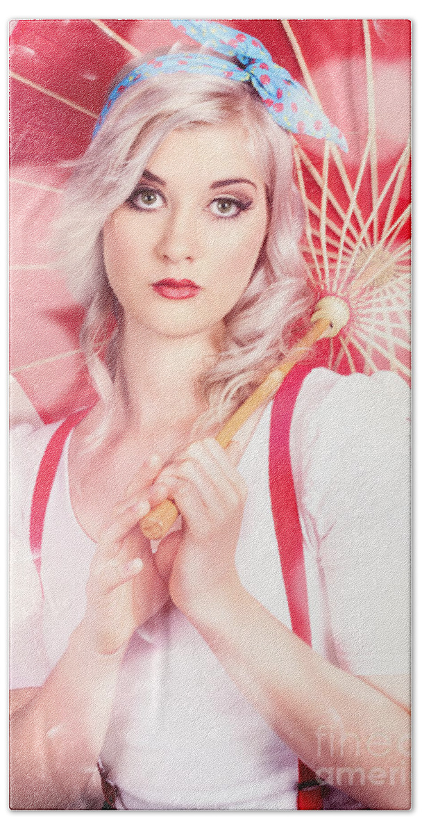 Vintage Bath Towel featuring the photograph Sexy blonde vintage pinup girl. Field of dreams by Jorgo Photography