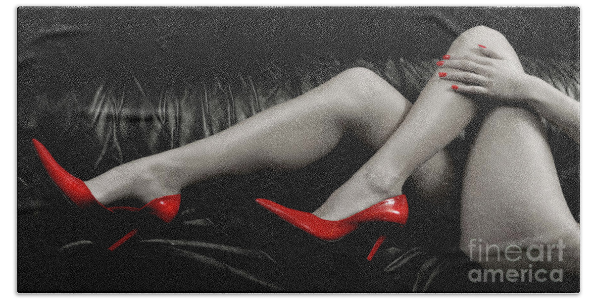 Legs Bath Towel featuring the photograph Sexy Woman Legs in Red High Heels by Maxim Images Exquisite Prints