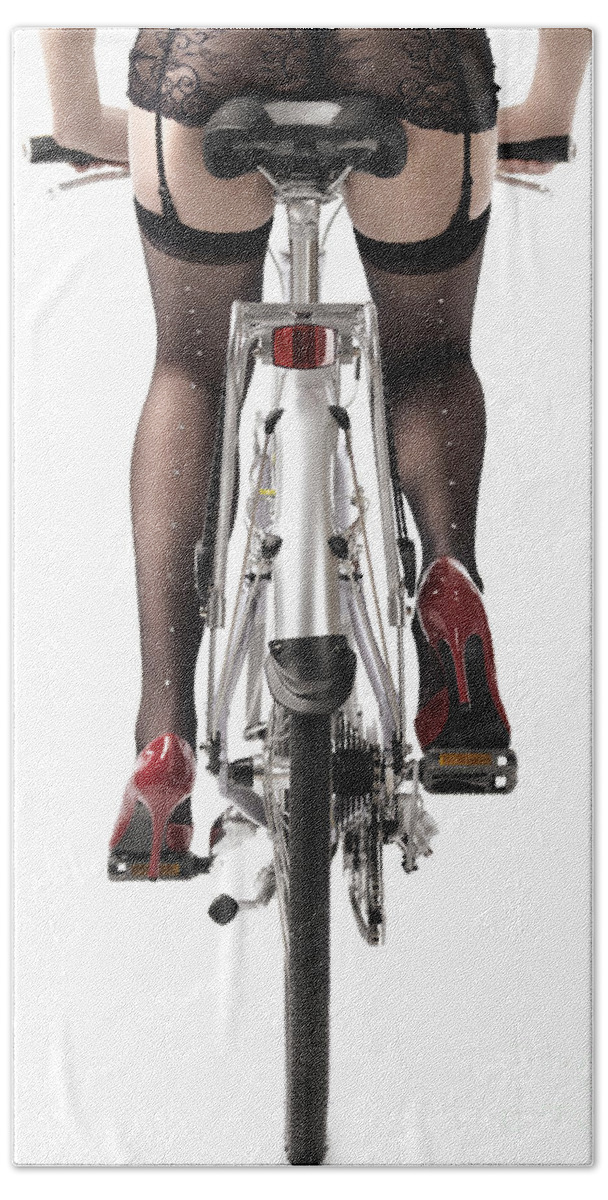 Legs Bath Towel featuring the photograph Sexy Woman Riding a Bike by Maxim Images Exquisite Prints
