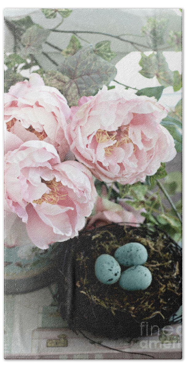 Peony Bath Towel featuring the photograph Shabby Chic Peonies With Bird Nest Robins Eggs - Summer Garden Peonies by Kathy Fornal