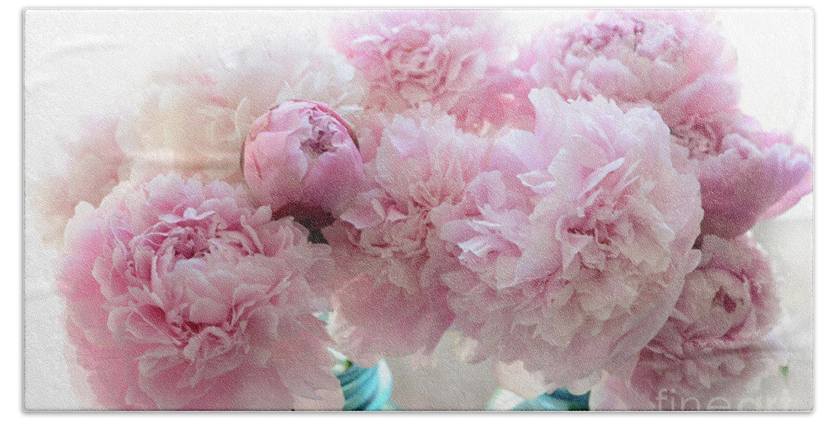 Pink Hand Towel featuring the photograph Shabby Chic Romantic Pink Peonies in Aqua Mason Jars - Shabby Cottage Aqua Pink Paris Peonies by Kathy Fornal